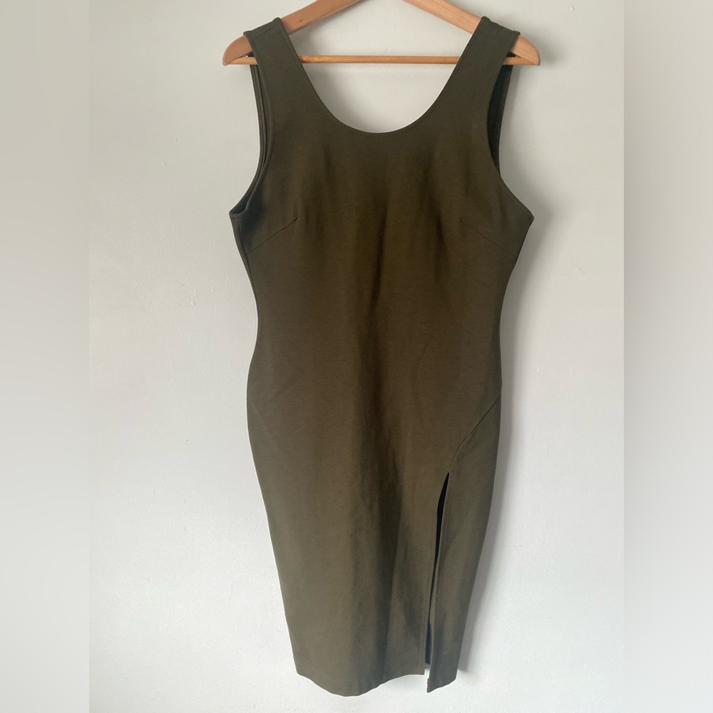 Cefian USA Olive Green Sleeveless Body con Slit Hem Dress Size Large NWT
